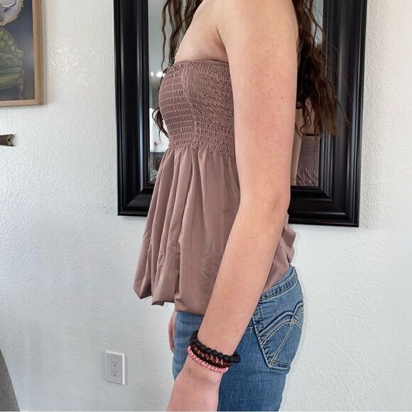 Womens Square Neck Strapless Sleeveless Peplum Tube Top Tank Tan One Size - Picture 4 of 5